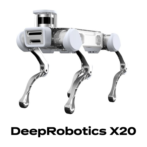 Robot cuadrúpedo DeepRobotics X20 patrullando planta industrial con protección IP66 y sensores de detección en condiciones extremas