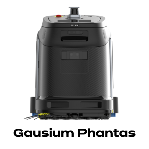 Robot compacto Gausium Phantas realizando limpieza 4 en 1 aspirado barrido fregado y mopa en pasillo industrial angosto