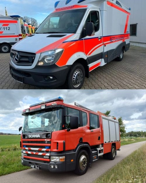 Ambulancia Mercedes-Benz Sprinter y autobomba europea listas para embarque y traslado a cuarteles argentinos.